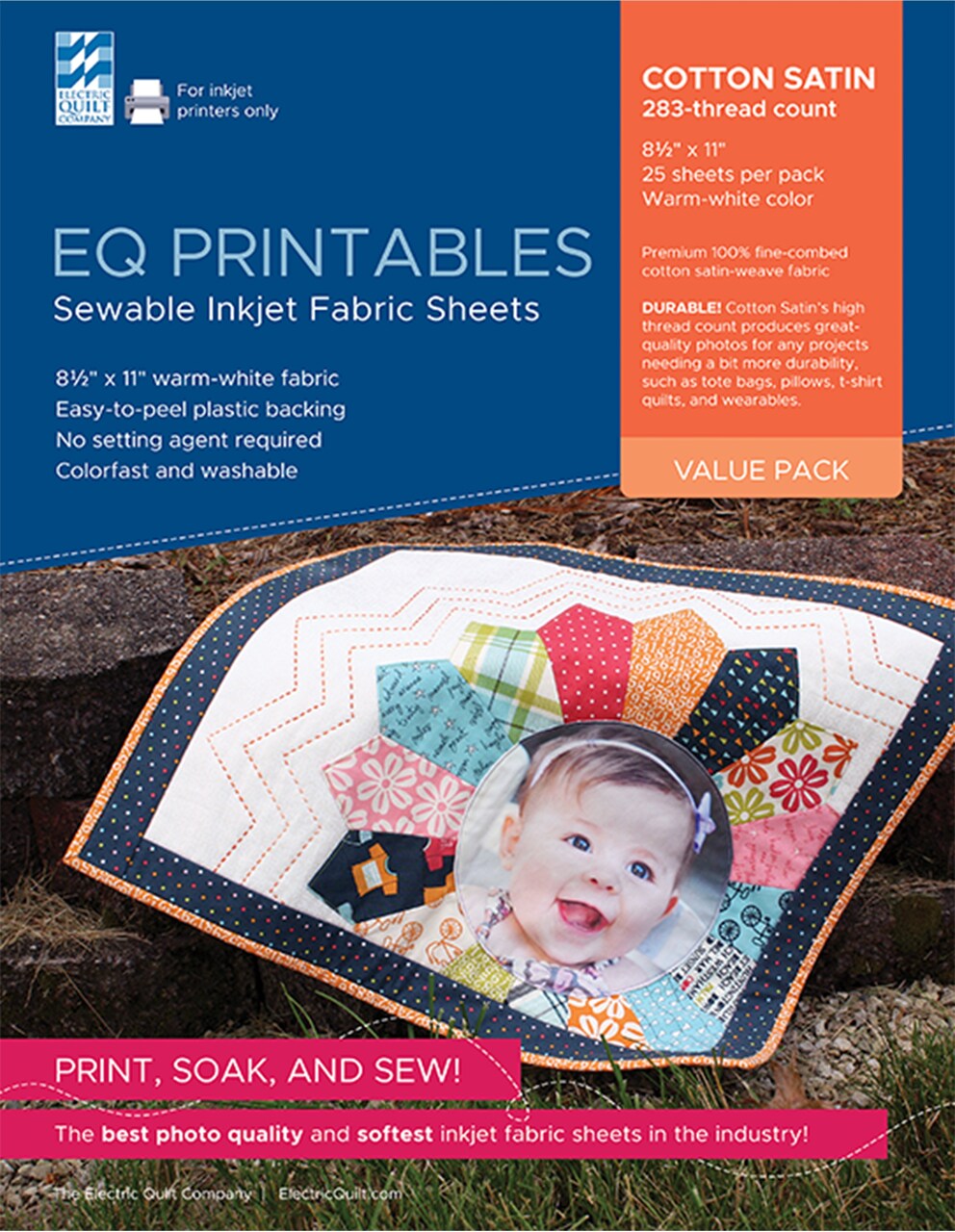 EQ Inkjet Printable Cotton Satin Fabric Sheets 8.5"X11"-25/Pkg